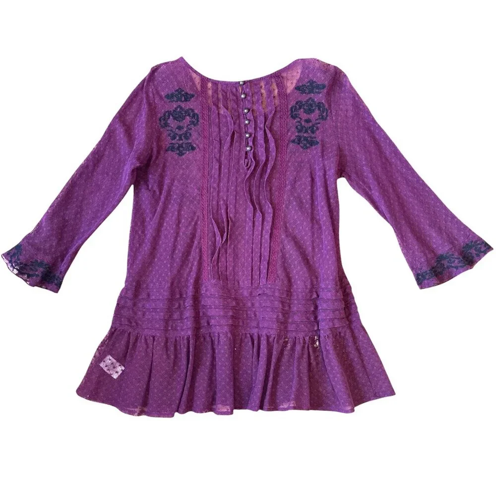 Free People jocelyn burgundy swiss dot lace mesh long sleeve top - Picture 10 of 11